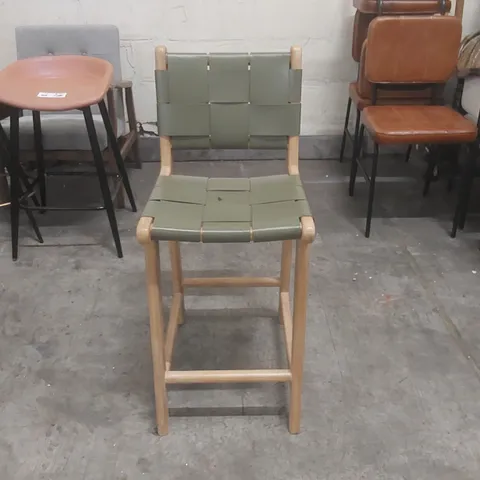 LISBON BAR STOOL - GREEN LEATHER SEAT - TEAK FRAME - 66CM