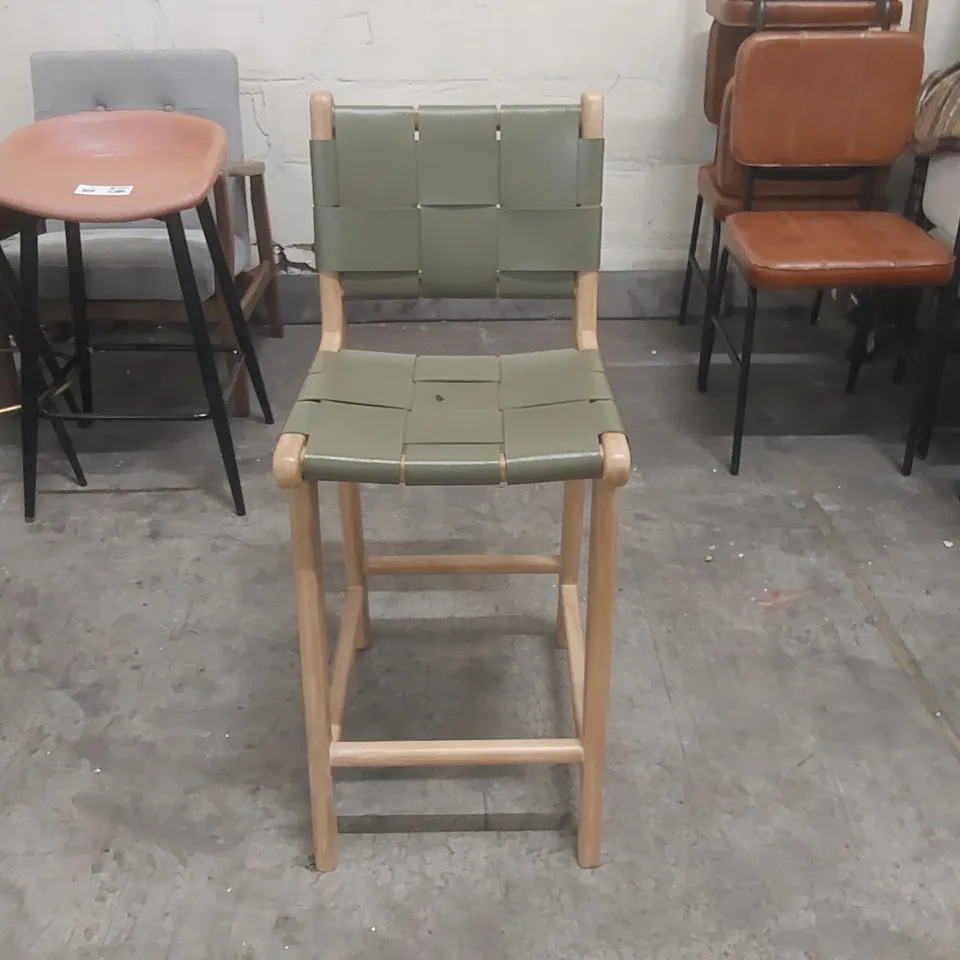 LISBON BAR STOOL - GREEN LEATHER SEAT - TEAK FRAME - 66CM