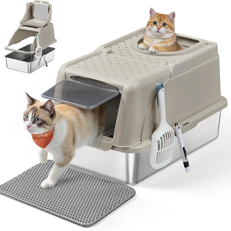 BOXED FEANDREA STAINLESS STEEL CAT LITTER BOX WITH FLIP LID