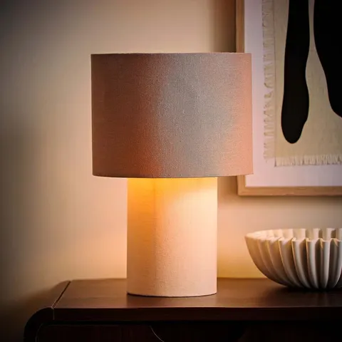 BOXED DEREKE MOCHA COLOUR CLASH DUO FABRIC TABLE LAMP AND BULB (1 BOX)