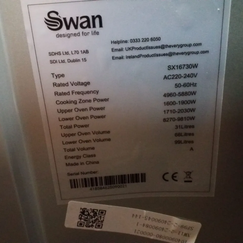 SWAN SX16730W 60CM ELECTRIC DOUBLE OVEN CERAMIC HOB COOKER - WHITE