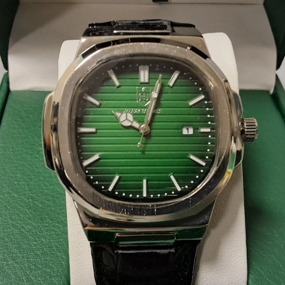 FRANK SCHMIDT STAINLESS STEEL GREEN FACED GENTS WATCH WITH BLACK LEATHER STRAP 