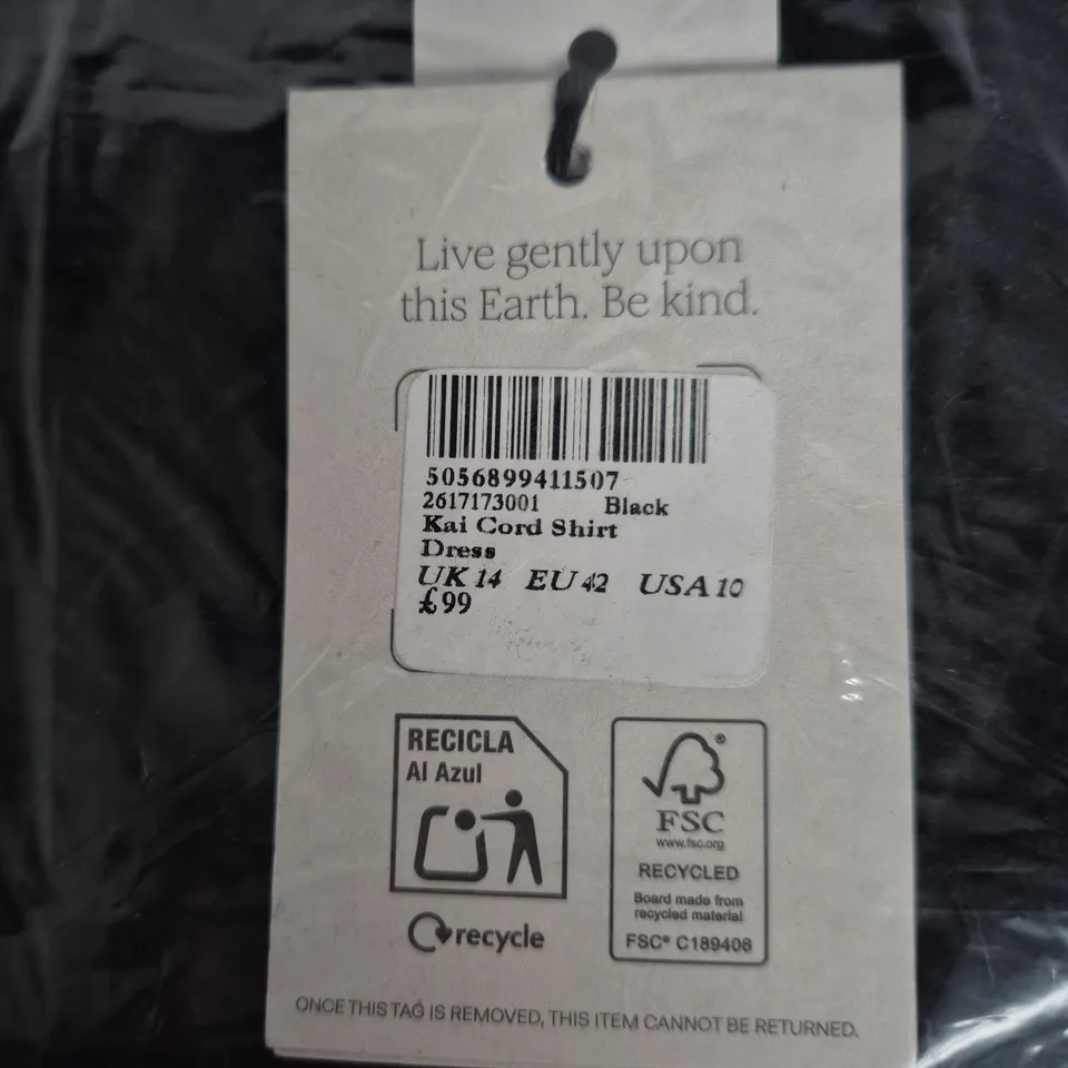 BAGGED NOBODYS CHILD KAI CORD SHIRT DRESS – BLACK, UK 14 (EU 42, USA 10)