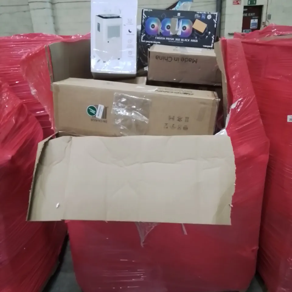 PALLET CONTAINING VARIOUS ITEMS TO INCLUDE KNEELING CHAIR, CPU LIQUID COOLER, DEHUMIDIFIER ETC.