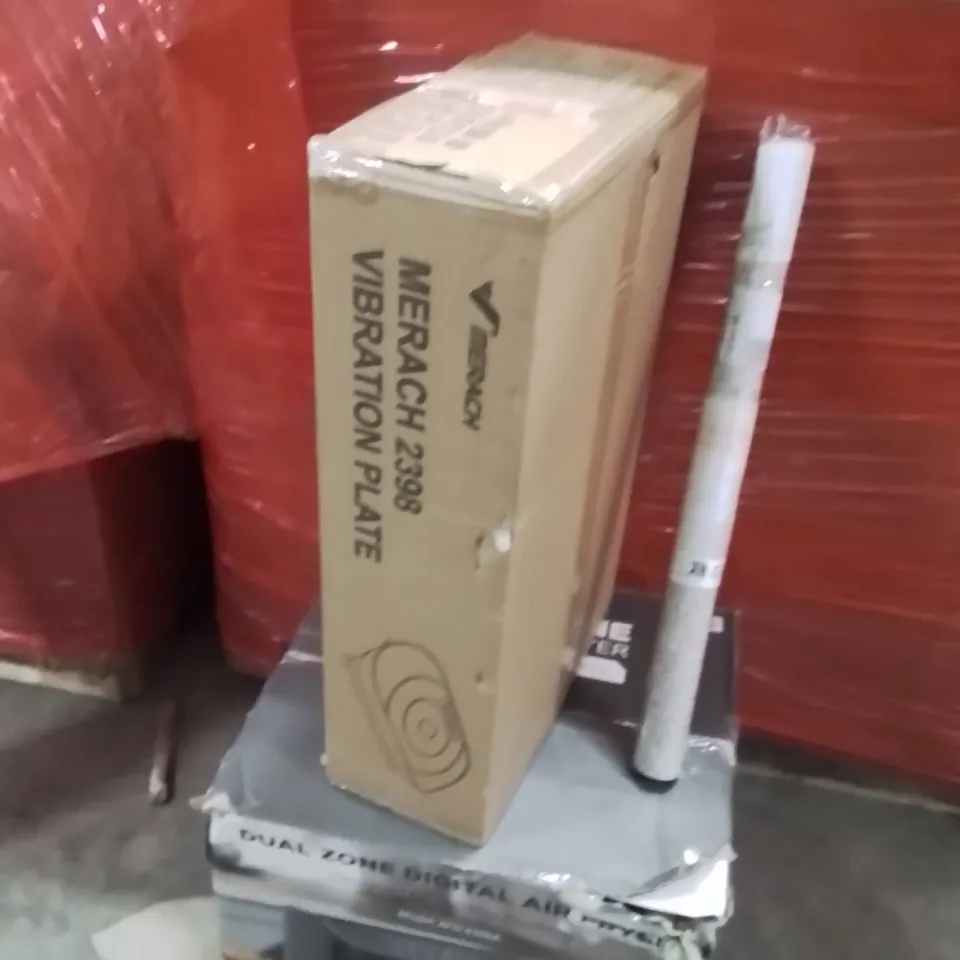 PALLET OF ASSORTED HOUSEHOLD GOODS AND PRODUCTS TO INCLUDE;VIBRATION PLATE,AIRFRYER,WALLPAPER 