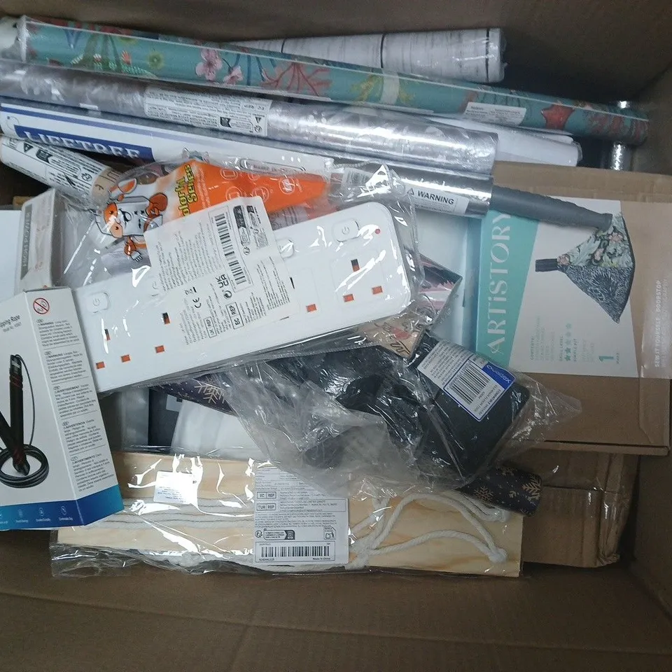 APPROXIMATELY 15 ASSORTED HOUSEHOLD PRODUCTS TO INCLUDE POWER SOCKET, BLUKAR SKIPPING ROPE, ARTISTORY DOOR STOP, ETC