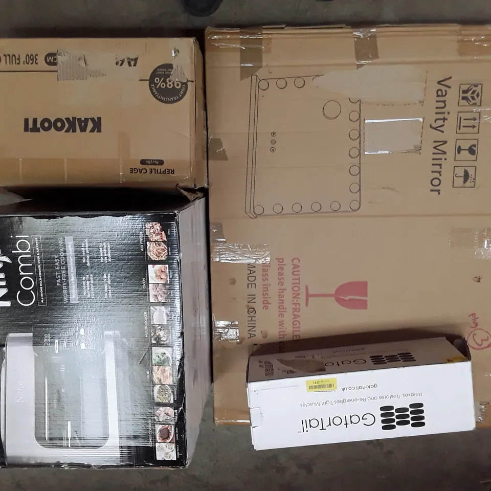 PALLET TO CONTAIN AN ASSORTMENT OF HOUSEHOLD ITEMS TO INCLUDE LADDERS, VANITY MIRROR, REPTILE CLEAR CAGE AND A NINJA COMBI OVEN ECT 