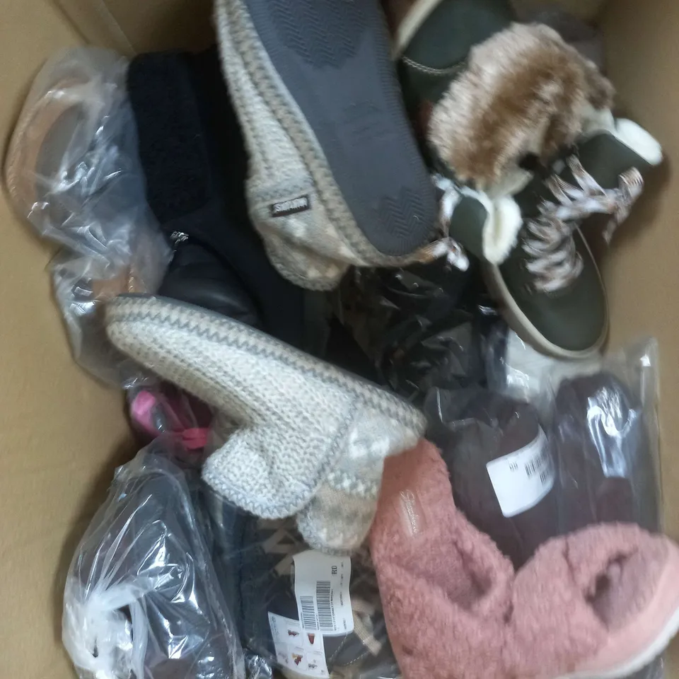 BOX OF APPROXIMATELY 15 ASSORTED PAIRS OF SHOES TO INCLUDE GREY SLIPPERS, GREEN BOOTS, BLACK BOOTS ETC