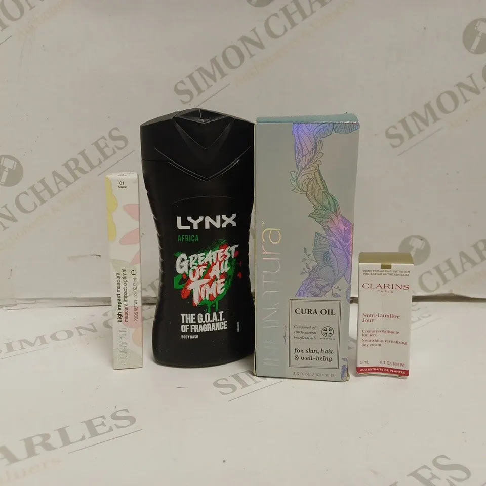 BOX PF APPROX 20 ASSORTED BEAUTY PRODUCTS TO INCLUDE  CLINIQUE HIGH IMPACT MASCARA, LYNX AFRICA SHOWER GEL, CLARINS REVITILIZING DAY CREAM, ETC. 