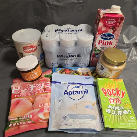 APPROXIMATELY 14 ASSORTED FOOD & DRINK ITEMS TO INCLUDE - KENDAMIL 2 FOLLOW OF MILK - APTAMIL ORGANIC BABY RICE - JUST BEE TUMERIC HONEY - ETC