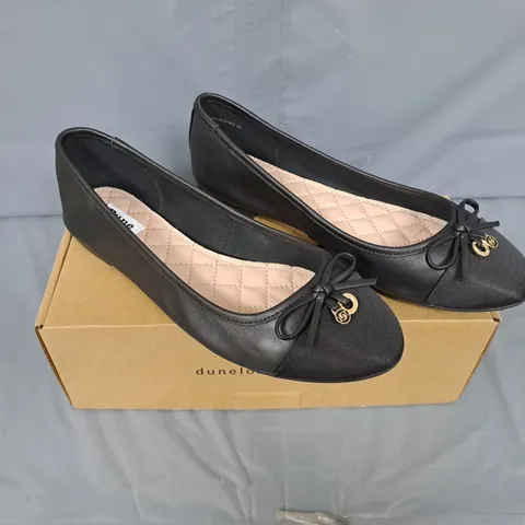 BOXED PAIR OF DUNE LONDON BLACK LEATHER CHARM TRIM BALLET SHOES - UK SIZE 7