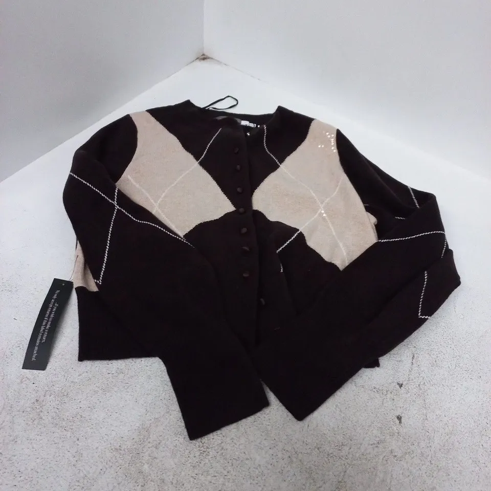MINT VELVET CARDIGAN – BLACK WITH BEIGE ARGYLE PATTERN, UK M