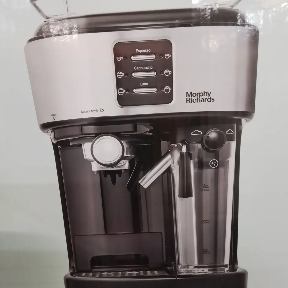 A BOXED MORPHY RICHARDS TRADITIONAL PUMP ESPRESSO MAKER WITH MILK FROTHER