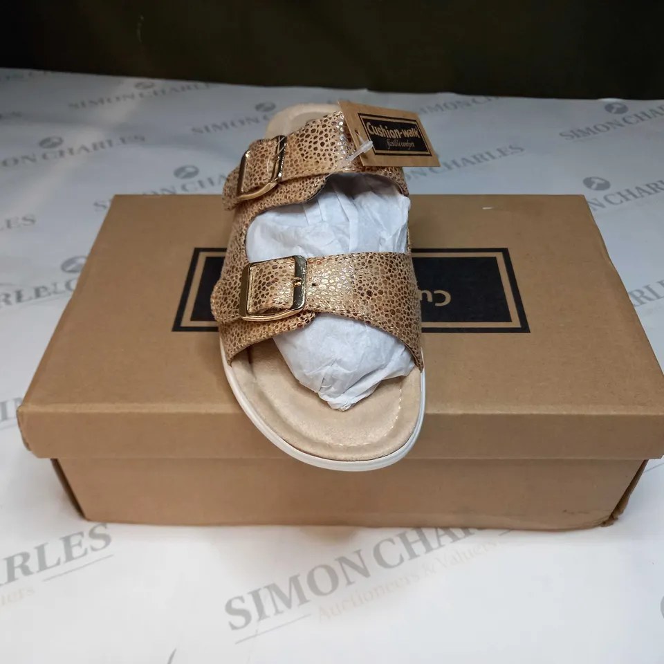 BOXED PAIR OF CUSHION WALK GOLD STRAPPY SANDALS - SIZE 6