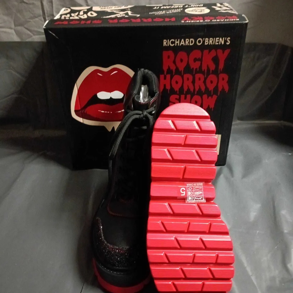 KOI X ROCKY HORROR SHOW BOOTS – BLACK LEATHER, GLITTER TOE, RED SOLE, UK 5