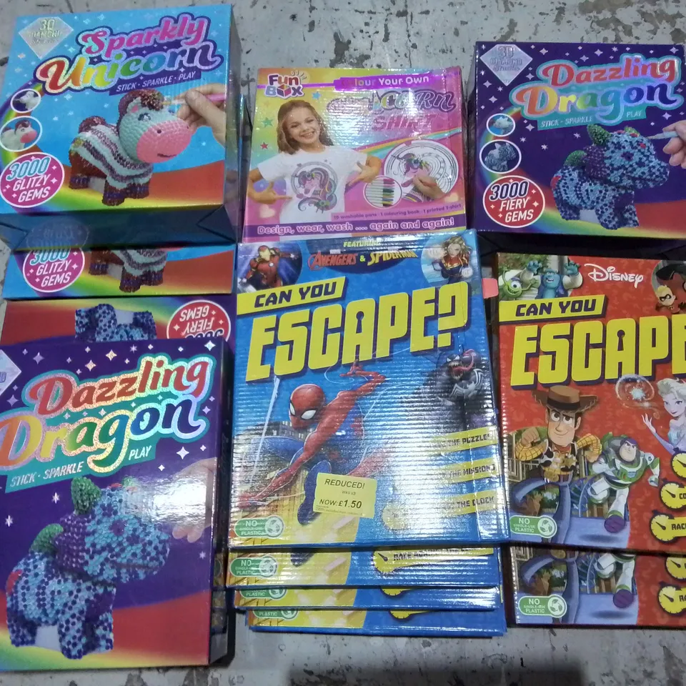 LOT OF 14 ASSORTED CHILDREN'S ACTIVITIES TO INCLUDE CAN YOU ESCAPE SETS AND DAZZLING DRAGON CRAFT SETS