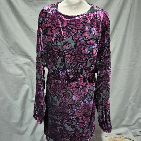 OASIS DEVORE LONG SLEEVE OPEN BACK MINI DRESS IN BLACK/PURPLE FLORAL SIZE 14