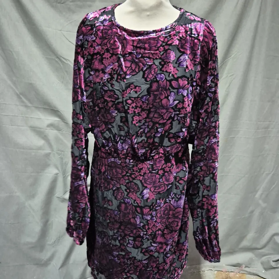 OASIS DEVORE LONG SLEEVE OPEN BACK MINI DRESS IN BLACK/PURPLE FLORAL SIZE 12