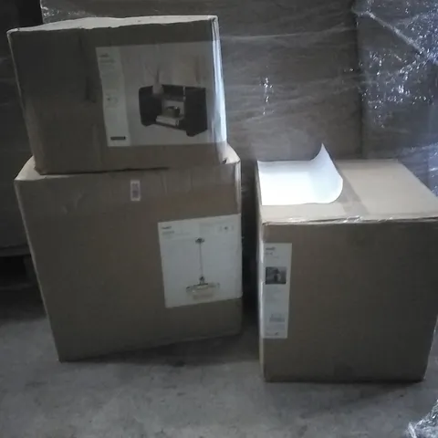 PALLET CONTAINING A VERY LARGE QUANTITY OF ASSORTED DESIGNER LIGHTING PRODUCTS INCLUDING:PLUG IN WALL LIGHT,AUDRA 5 LIGHT CHANDELIER PENDENT,TABLE LAMP