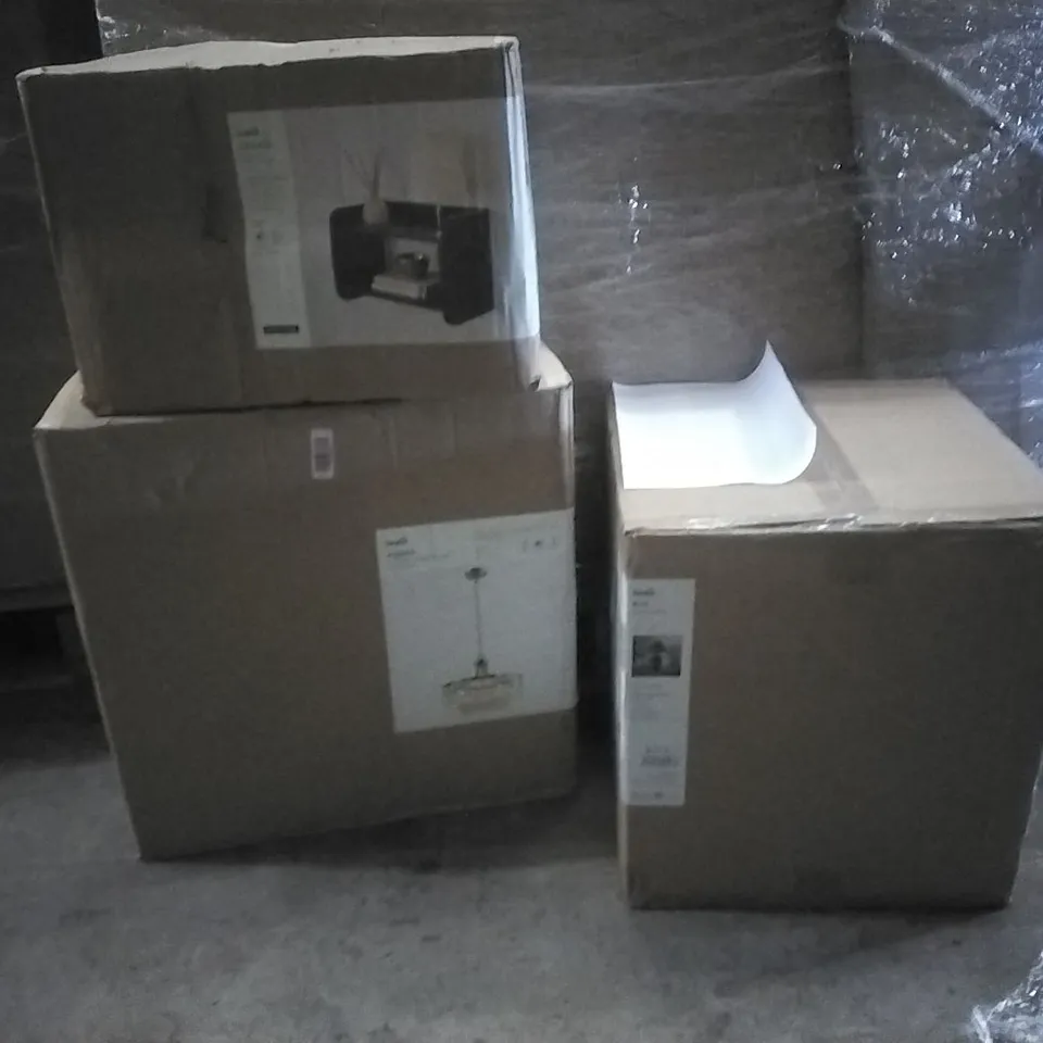 PALLET CONTAINING A VERY LARGE QUANTITY OF ASSORTED DESIGNER LIGHTING PRODUCTS INCLUDING:PLUG IN WALL LIGHT,AUDRA 5 LIGHT CHANDELIER PENDENT,TABLE LAMP