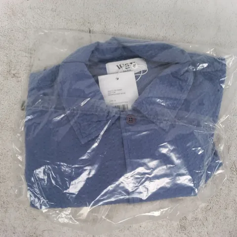 BAGGED WAX LONDON KEATS SHORT SLEEVE SHIRT IN BLUE SIZE SMALL