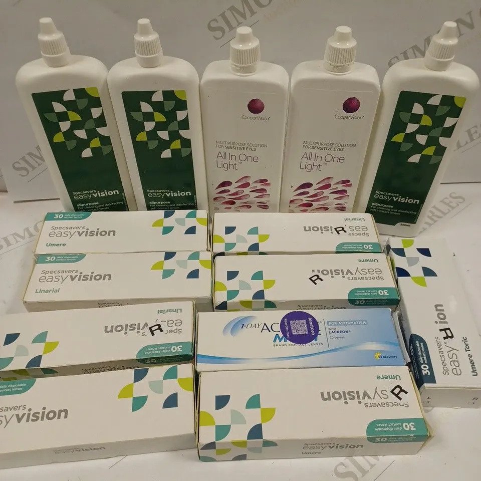 BOX TO CONTAIN APPROX. 25 X ASSORTED VISION CARE PRODUCTS. INCLUDES CONTACT LENSES AND CONTACT LENSES CLEANER. BRANDS VARY - COLLECTION ONLY