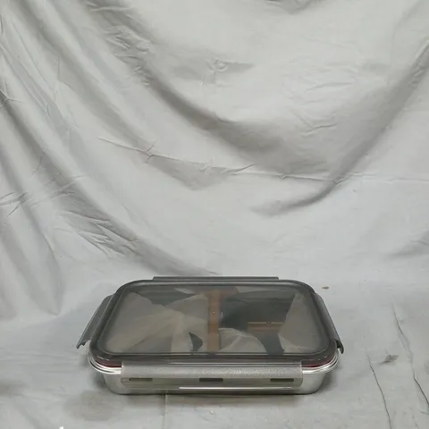 VINTAGE METAL LUNCH BOX WITH CLEAR LID AND WOODEN DIVIDER