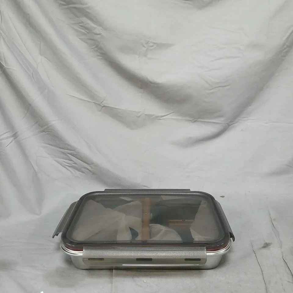 VINTAGE METAL LUNCH BOX WITH CLEAR LID AND WOODEN DIVIDER