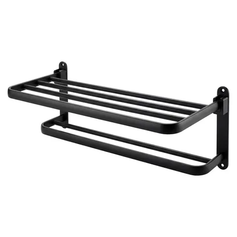 BOXED LEVEDE TOWEL HOLDER WITH 2 BARS WALL MOUNTED NO DRILL BATHROOM SHELF BLACK