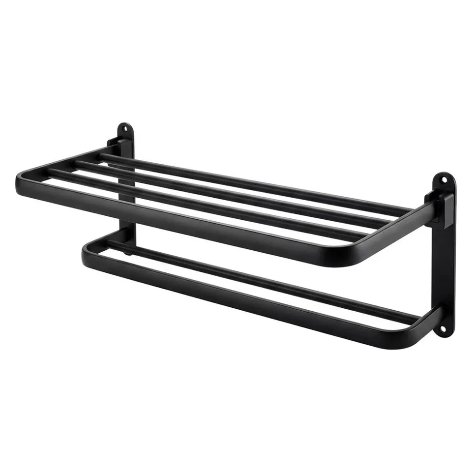BOXED LEVEDE TOWEL HOLDER WITH 2 BARS WALL MOUNTED NO DRILL BATHROOM SHELF BLACK
