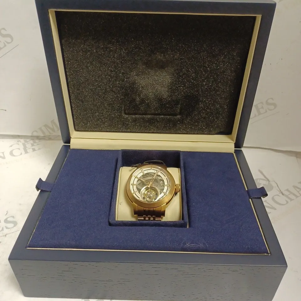 BOXED SCHILD LIMITED EDITION WATCH - SAPPHIRE CRYSTAL - ALL STAINLESS STEEL, LEATHER STRAP - SKELETON FACE - WATER RESISTANT 10 ATM - TOURBILLON. 