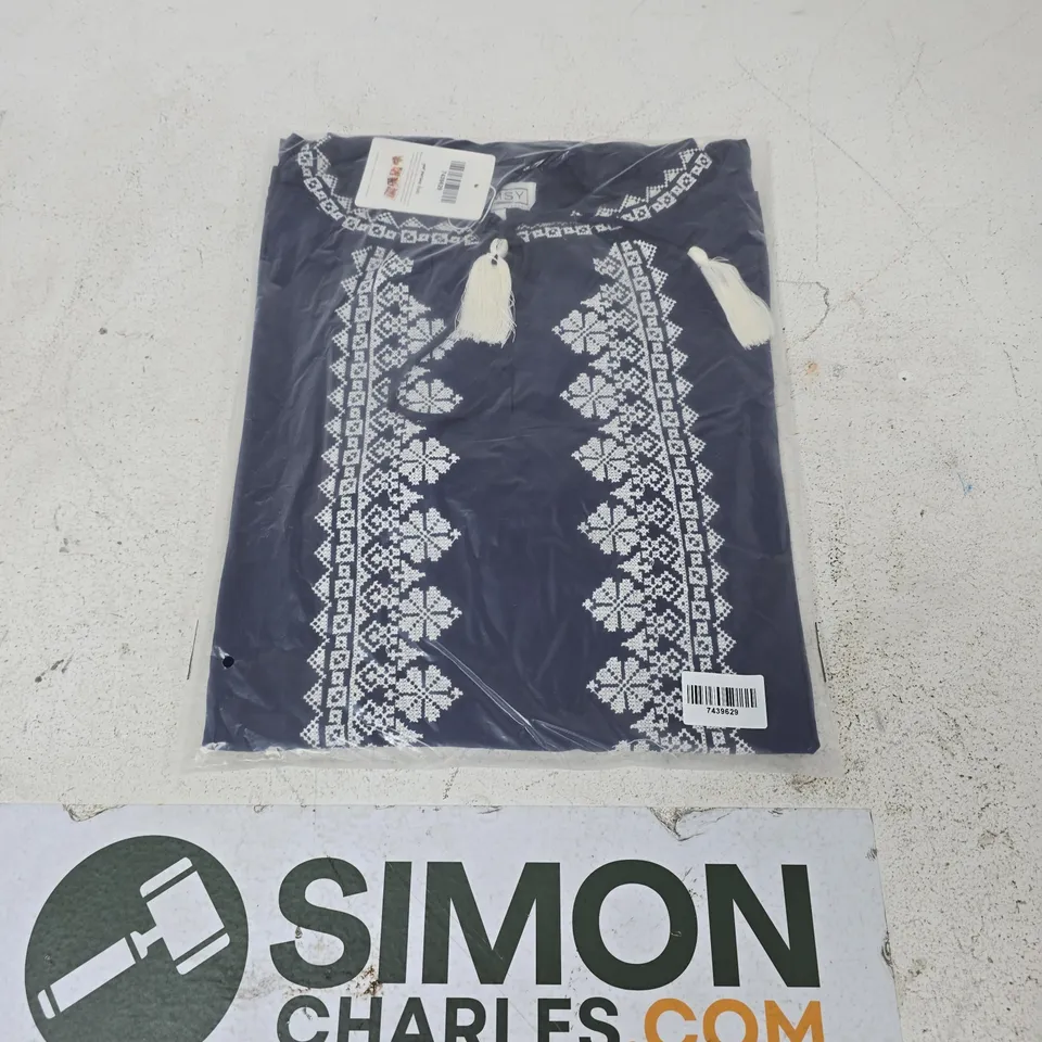BOX OF APPROXIMATELY 20 TAMSY EMBROIDERED TUNICS NAVY - SIZES MAY VARY