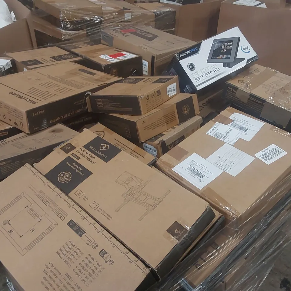 PALLET CONTAINING A LARGE QUANTITY OF ASSORTED TV MOUNTS AND SECURITY TABLET KIOSK ECT