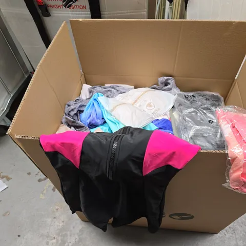 BOX OF APPROXIMATELY 25 ASSORTED CLOTHING ITEMS INCLUDING–PINK ZIP-FRONT JACKET (IN PLASTIC) + ASSORTED GARMENTS