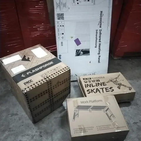 PALLET OF HOUSEHOLD ITEMS TO INCLUDE INFRARED HEATING PANEL, 3D PRINTER, INLINE SKATES,WORK PLATFORM AND OTHER ASSORTED ITEMS...