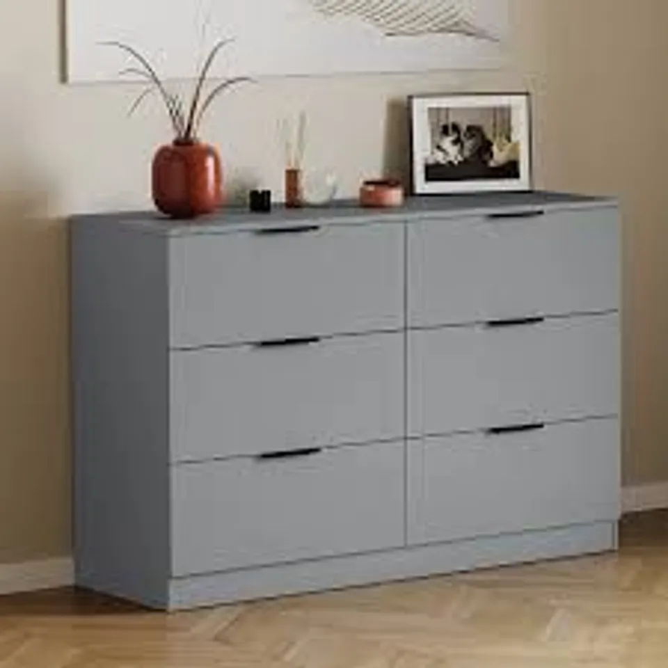 BOXED VIDA DESIGNS TREGA 6 DRAWER CHEST, GREY (2 BOXES)