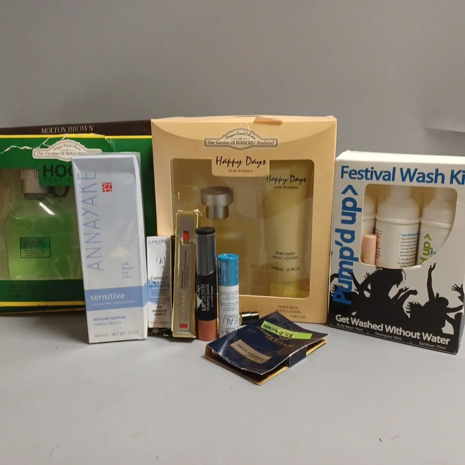 APPROXIMATELY 10 ASSORTED BEAUTY PRODUCTS TO INCLUDE ELIZABETH ARDEN LIP GLOSS, LANCOME ULTRA MATTE LIPSTICK, ANNAYAKE SOOTHING CLEANSER 