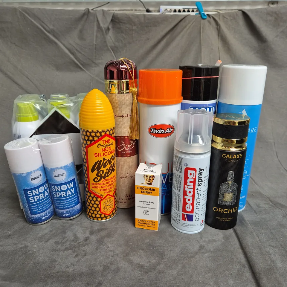 APPROXIMATELY 12 ASSORTED AEROSOLS TO INCLUDE - WOOD SILK FURNITURE POLISH - ANDIS COOL CARE PLUS FOR CLIPPER BLADES - DOVE SHOWER MOUSSE - ETC - COLLECTION ONLY