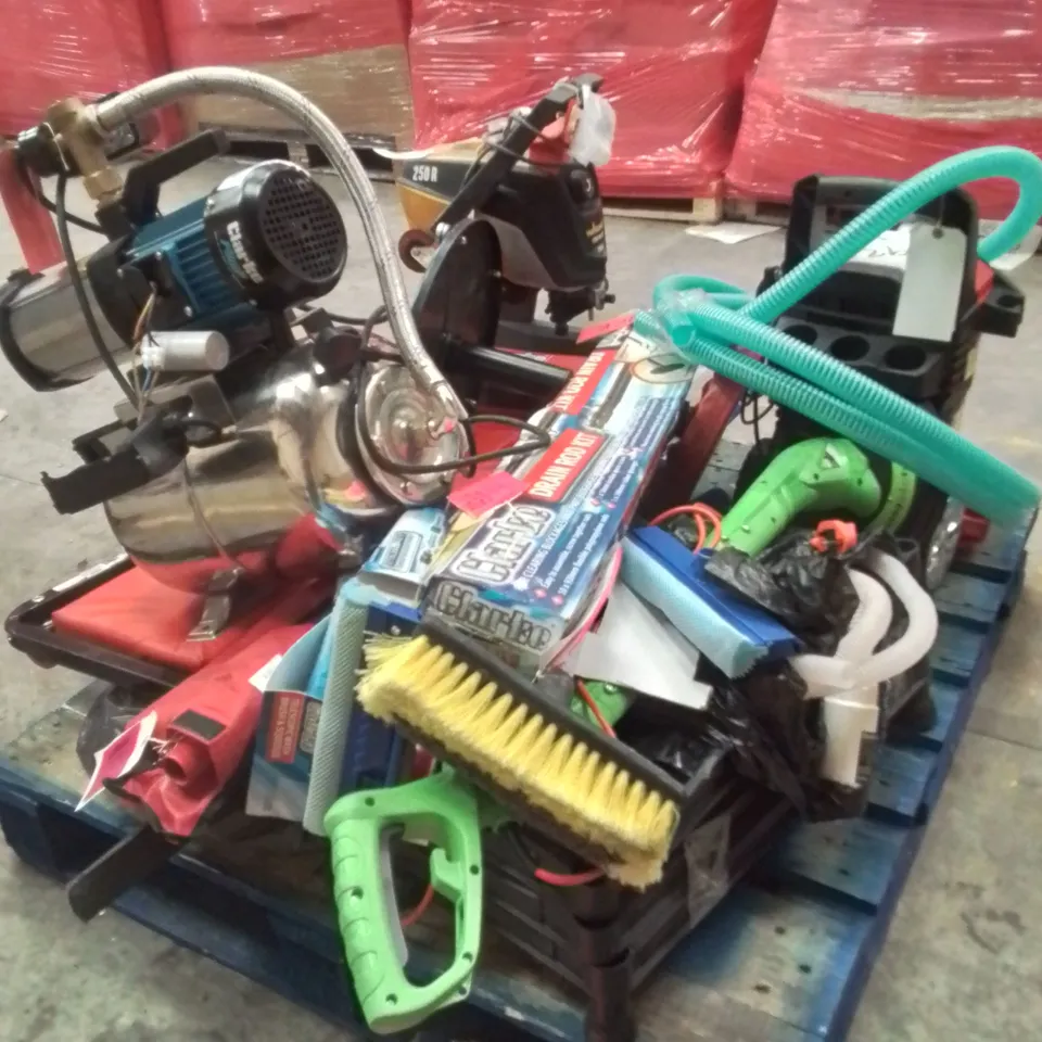 PALLET CONTAINING VARIOUS ASSORTED TOOLS TO INCLUDE, CREEPER SEAT, JET WASHER, DRAIN ROD KIT, EXTENSION BRUSHES ETC.