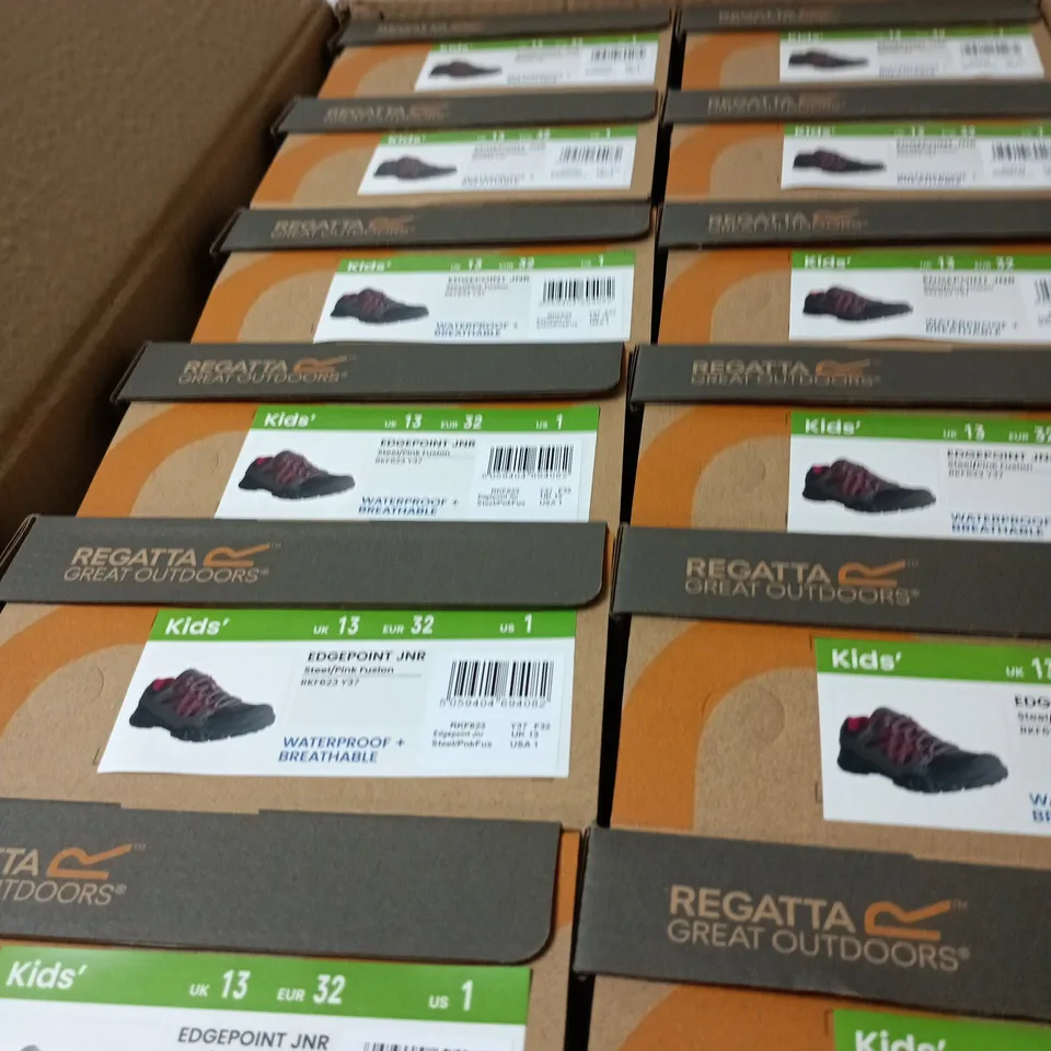 BOX OF APPROXIMATELY 12 PAIRS OF BRAND NEW BOXED REGATTA EDGEPOINT WATERPROOF LOW KIDS WALKING SHOES IN STEEL PINK FUSION - CHILDS UK 13