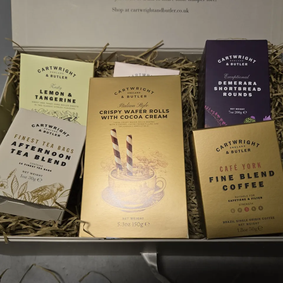 CARTWRIGHT & BUTLER HAMPER - SHORTBREAD ROUNDS , AFTERNOON TEA BLEND , FIVE BLEND COFFEE ETC