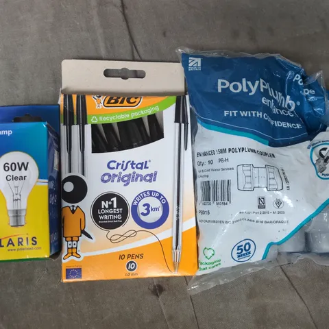 APPROXIMATELY 10 ASSORTED HOUSEHOLD ITEMS TO INCLUDE GLS LAMP, BIC PENS, POLYPLUMB COUPLER, ETC