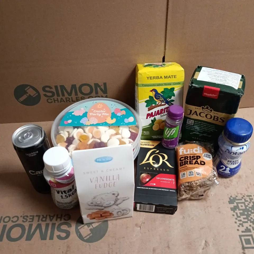 APPROXIMATELY 12 ASSORTED FOOD & DRINK ITEMS TO INCLUDE EASTER PARTY MIX, LIFT GLUCOSE SHOT, LOR ESPRESSO PODS, ETC, ETC - COLLECTION ONLY