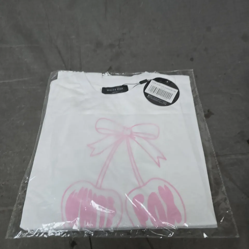 WHITE FOX BOUTIQUE LOVE OF MY LIFE OVERSIZED TEE – WHITE, PINK CHERRY GRAPHIC, UK 6