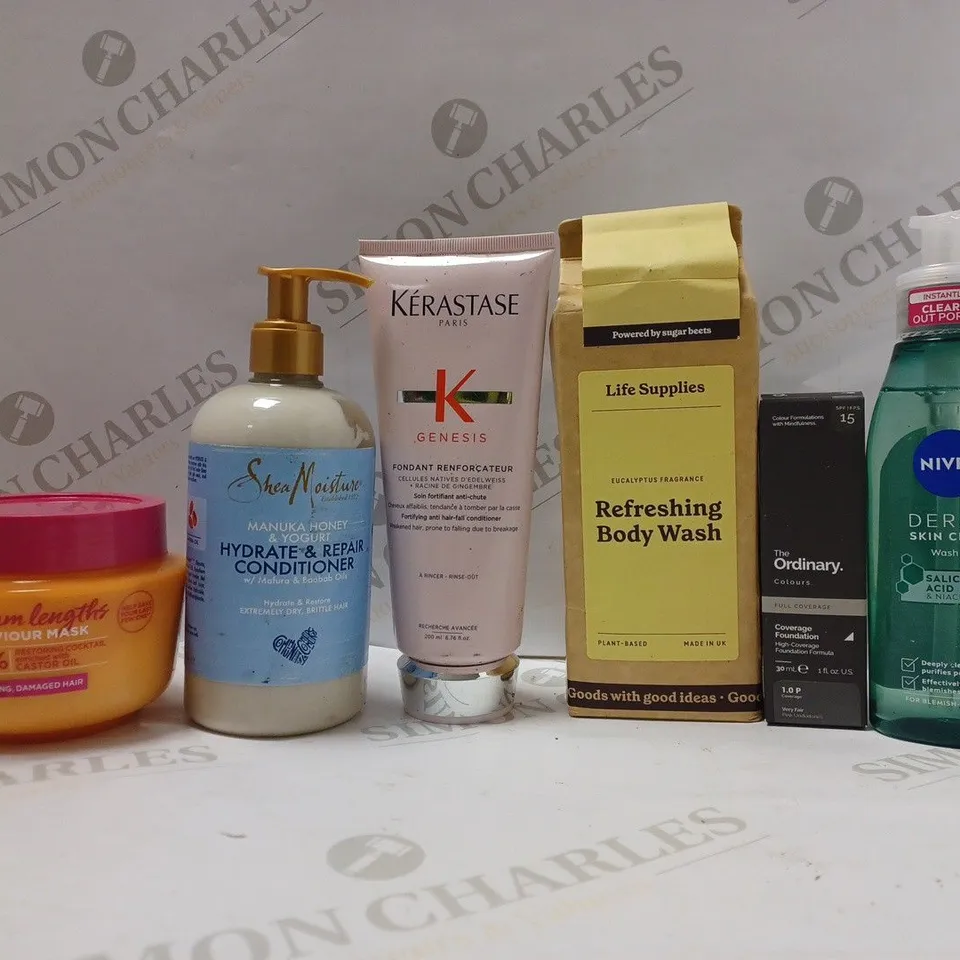 BOX OF APPROX 20 ASSORTED HEALTH AND BEAUTY ITEMS TO INCLUDE -NIVEA DERMA SKIN CLEAR - SHEA MOISTURE HYDRATE & REPAIR CONDITIONER - THE ORDINARY COVERAGE FOUNDATION ECT 