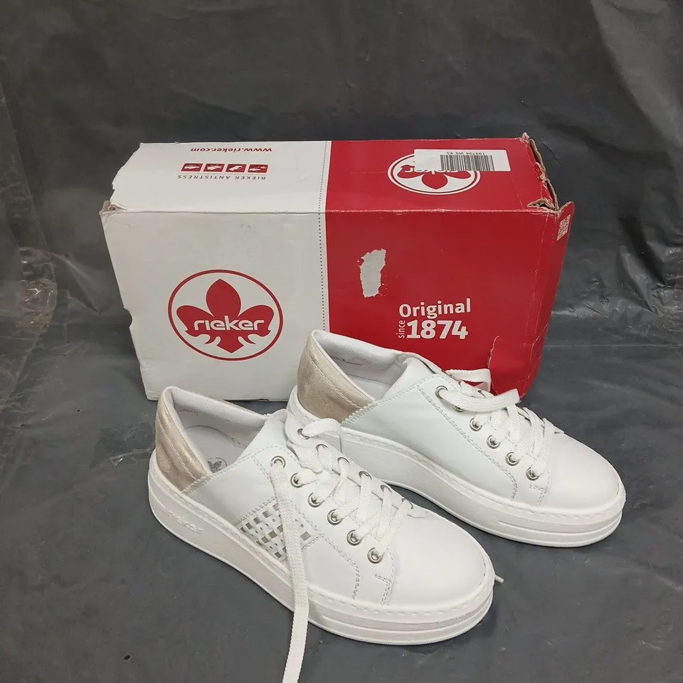 BOXED PAIR OF RIEKER PLATFORM LACE UP TRAINER WHITE SIZE 5