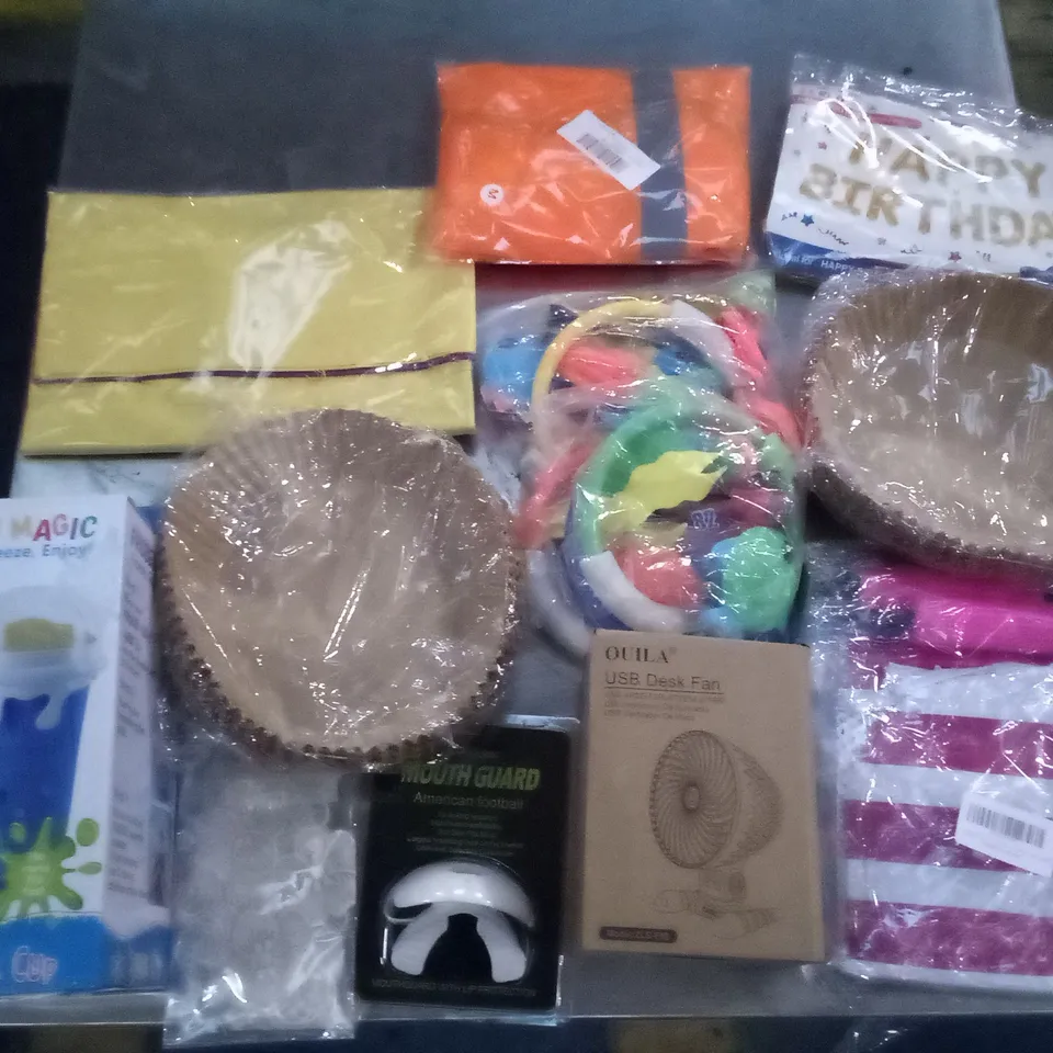 PALLET OF 6 BOXES CONTAINING ASSORTED ITEMS INCLUDING BIRTHDAY DECORATIONS, USB DESK FAN, HI-VIS VEST, MOUTH GUARD, AIR FRYER LINERS, FROZEN MAGIC SQUEEZE CUP 