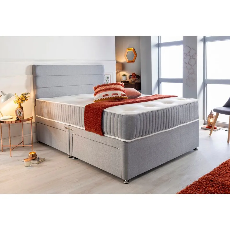 BOXED MCLEAN UPHOLSTERED GREY DIVAN DOUBLE BED (4'6) WITH STORAGE (4 PARTS)