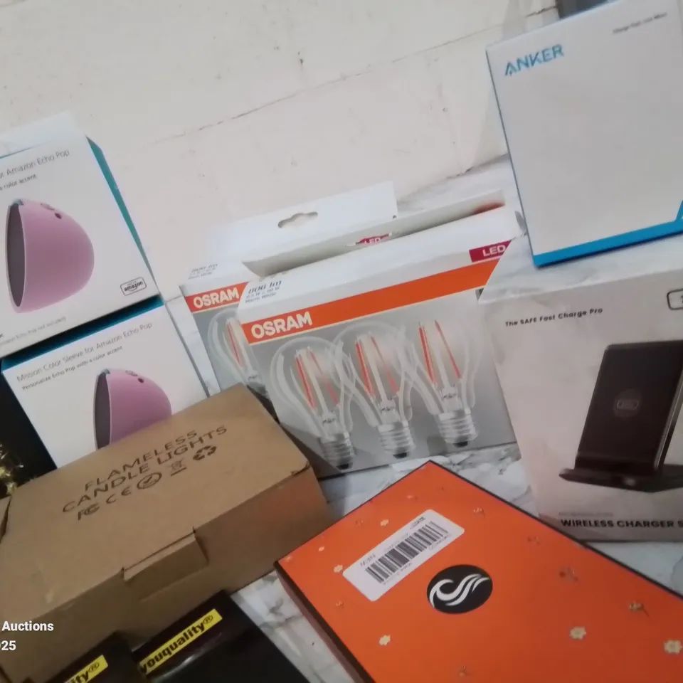 BOX CONTAINING LARGE AMOUNT OF BOXED ELECTRICAL ITEMS TO INCLUDE: VARIOUS BULBS, CANDLES LIGHTS, LED LIGHT CURTAIN, CHARGING CABLES, POWER BANK, 3D PRINTING FILAMENT AND LOTS MORE.