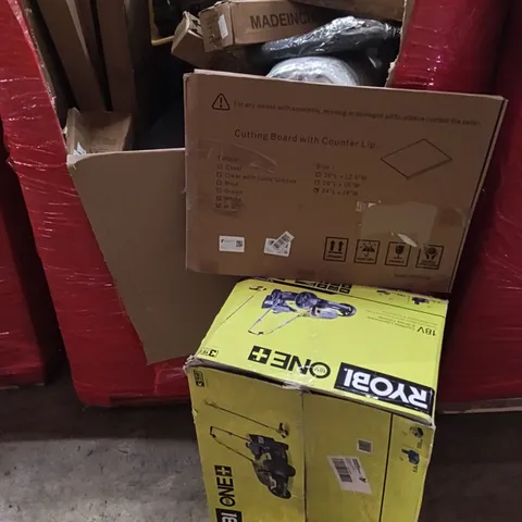 PALLET OF ASSORTED HOUSEHOLD GOODS AND PRODUCTS TO INCLUDE; LAWN MOWER, BOXED FURNITURE ETC